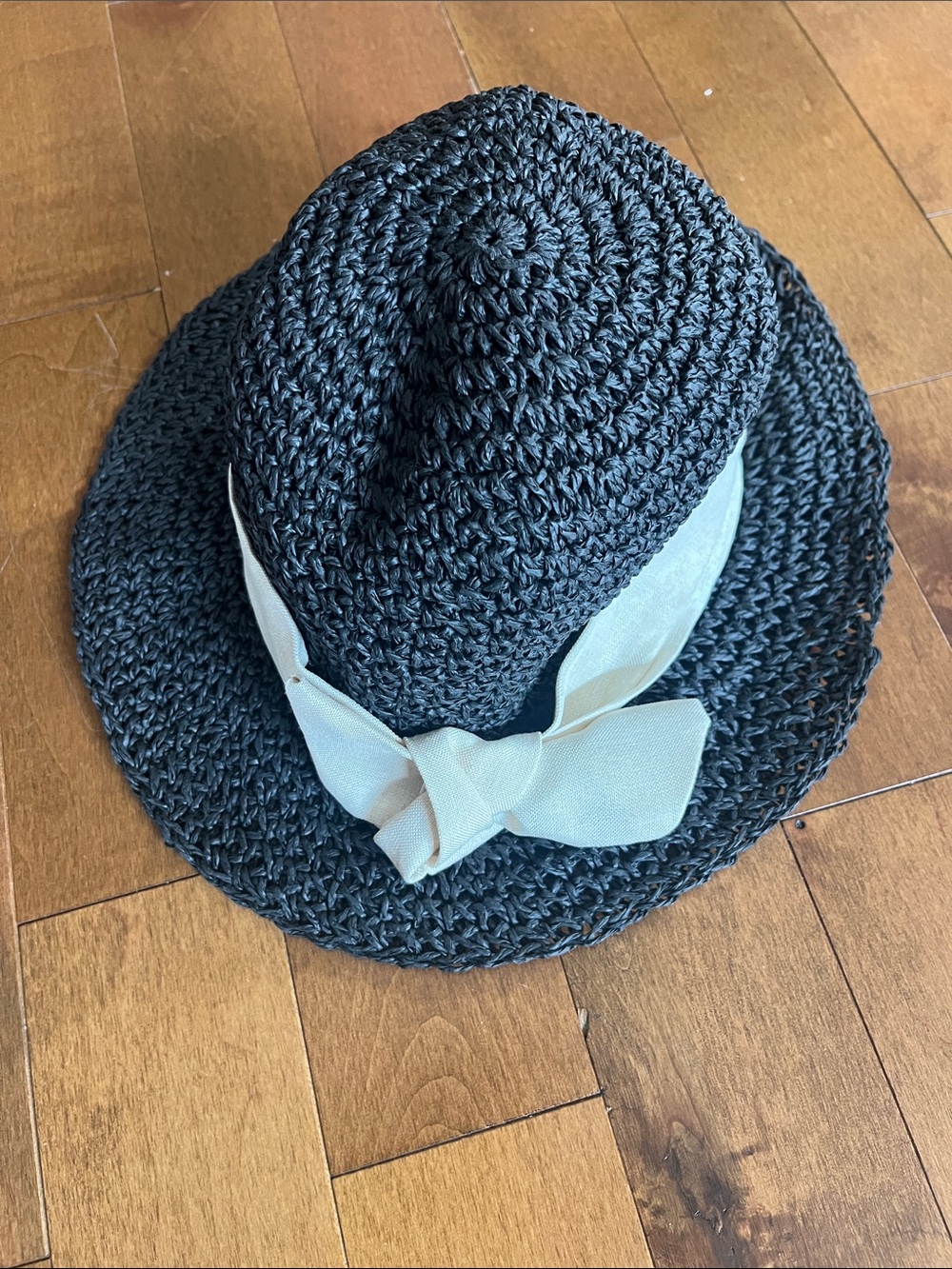 Black Woven Sun Hat Brim Bow Beach Cottagecore Coastal Cowgirl Boho OS
